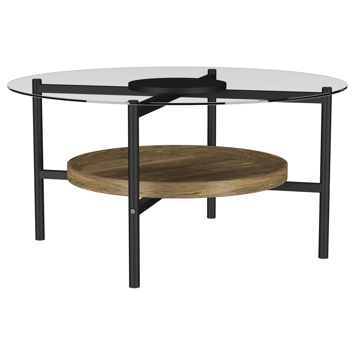 Delfin Round Glass Top Coffee Table with Shelf Black and Brown