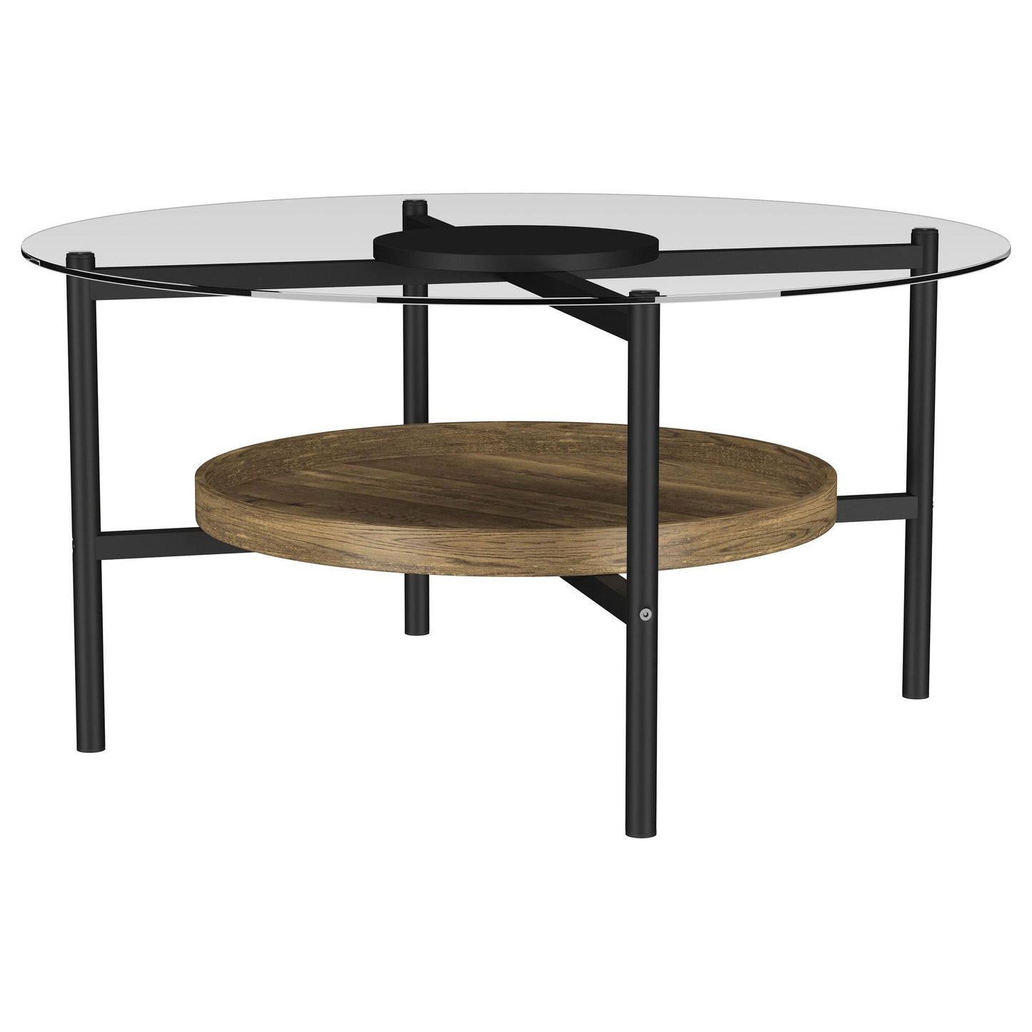 Delfin Round Glass Top Coffee Table with Shelf Black and Brown