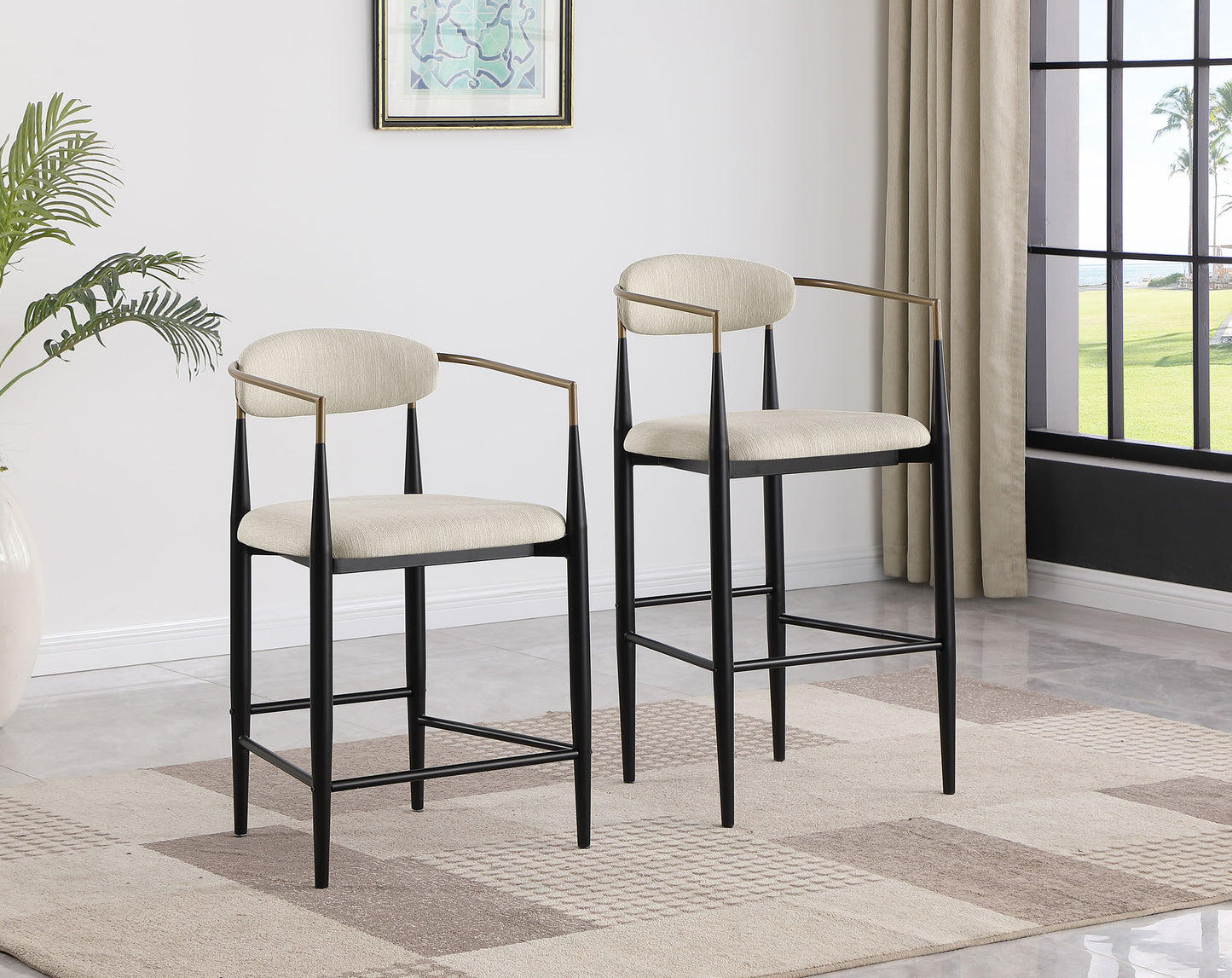 Tina Metal Pub Height Bar Stool with Upholstered Back and Seat Beige (Set of 2)