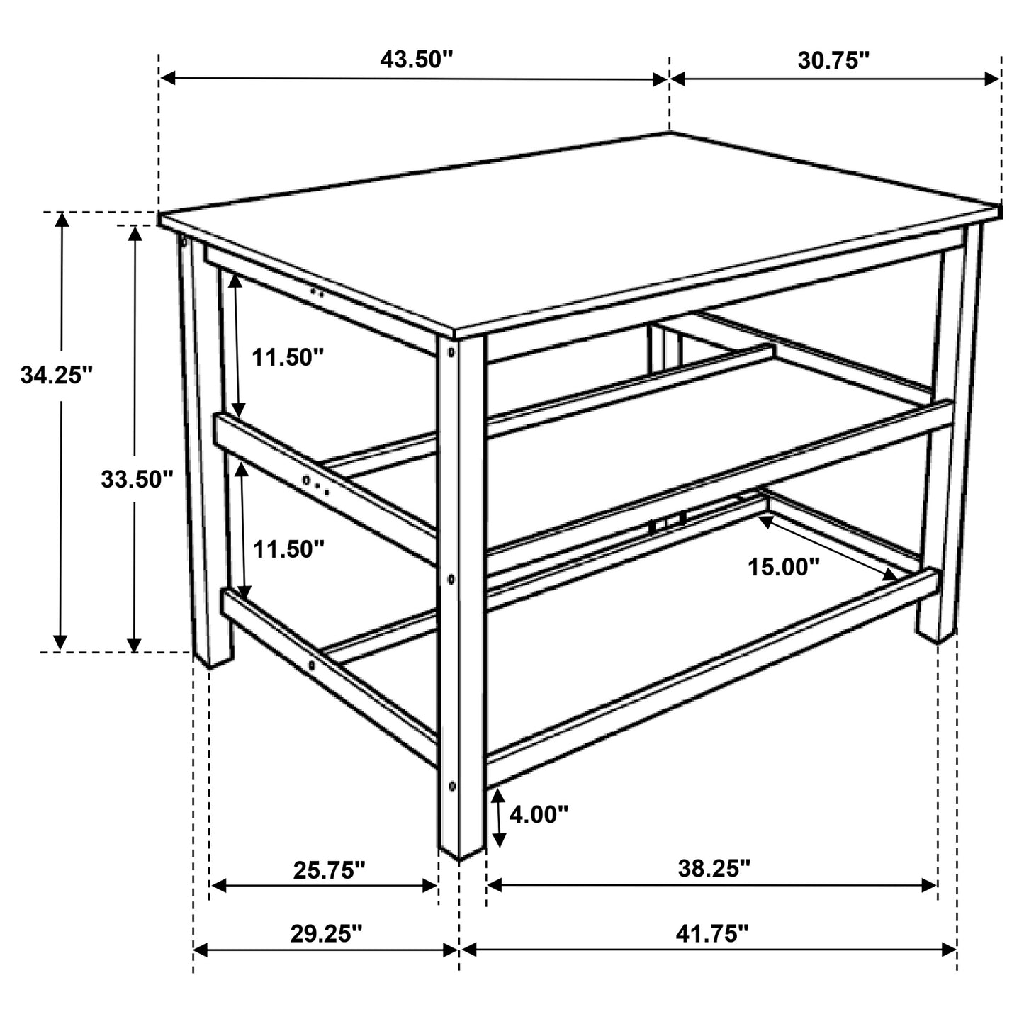 Hollis Kitchen Island Counter Height Table with Pot Rack Brown and White