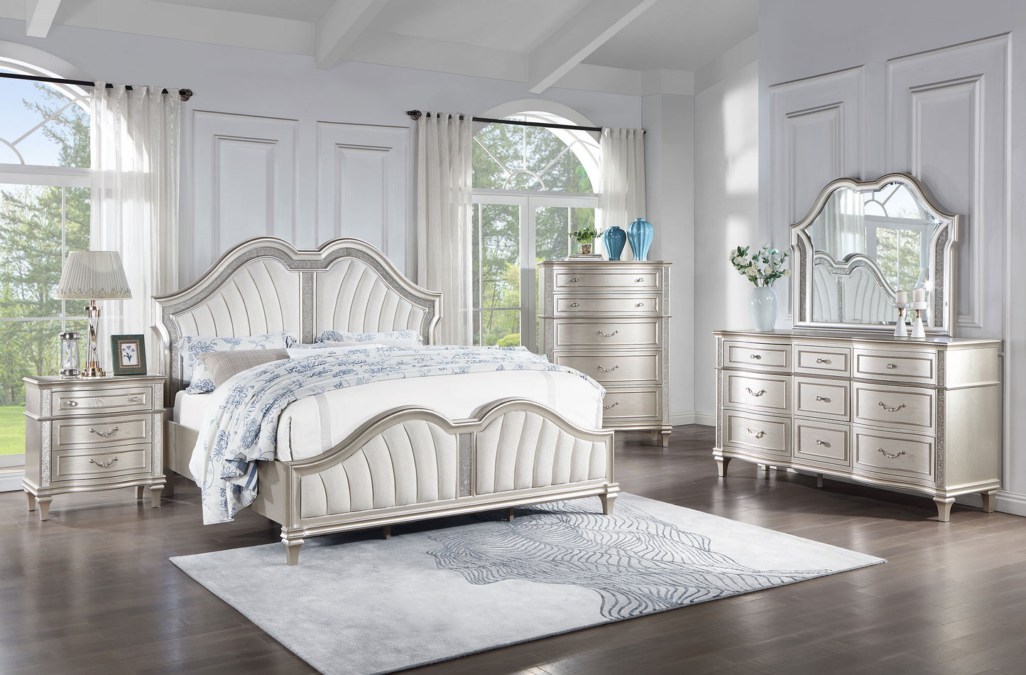 Evangeline Wood Eastern King LED Panel Bed Silver Oak