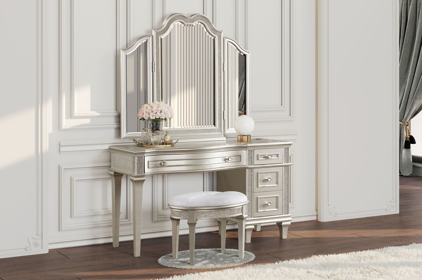 Evangeline 4-drawer Vanity Set with Stool Silver Oak