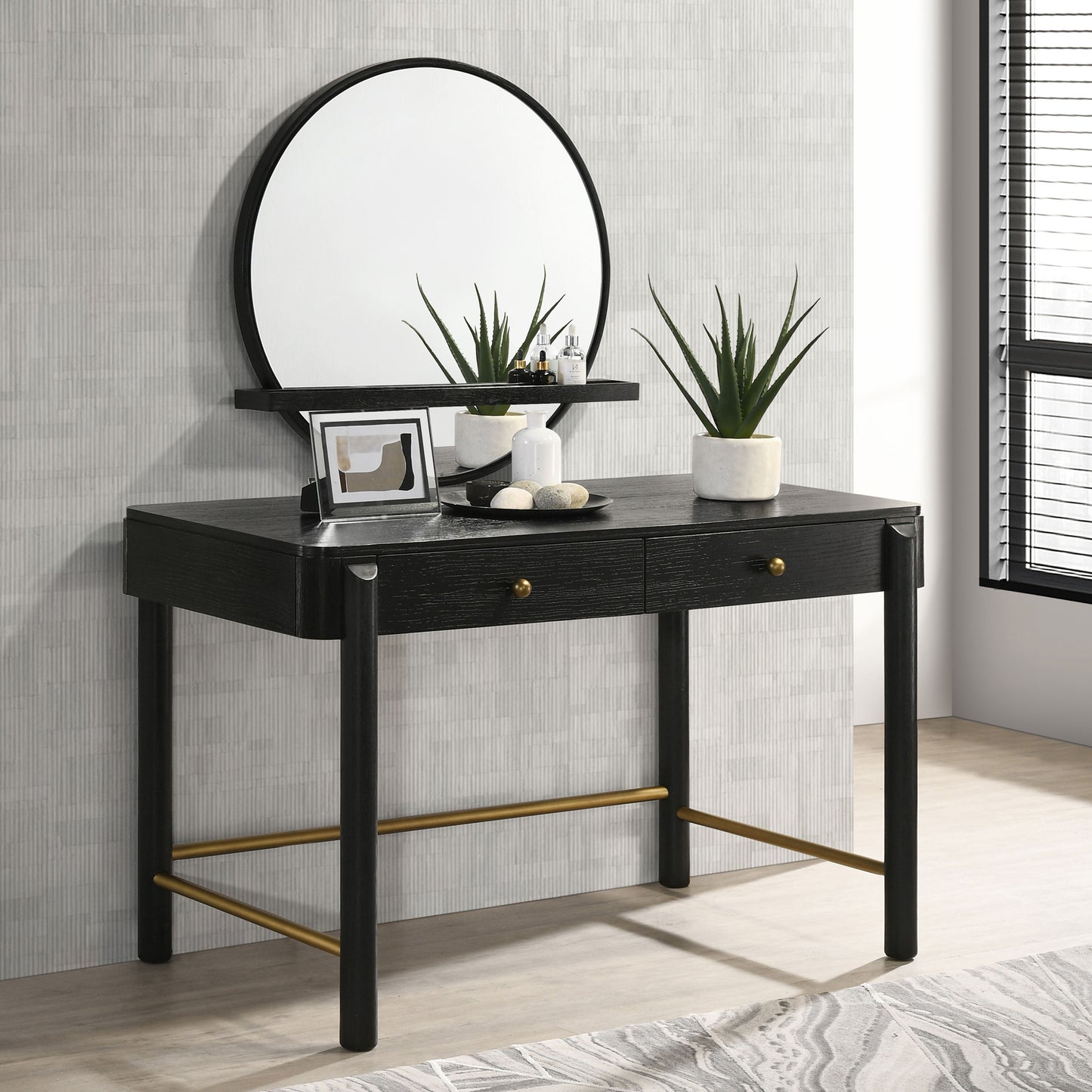 Arini Round Vanity Wall Mirror with Shelf Black