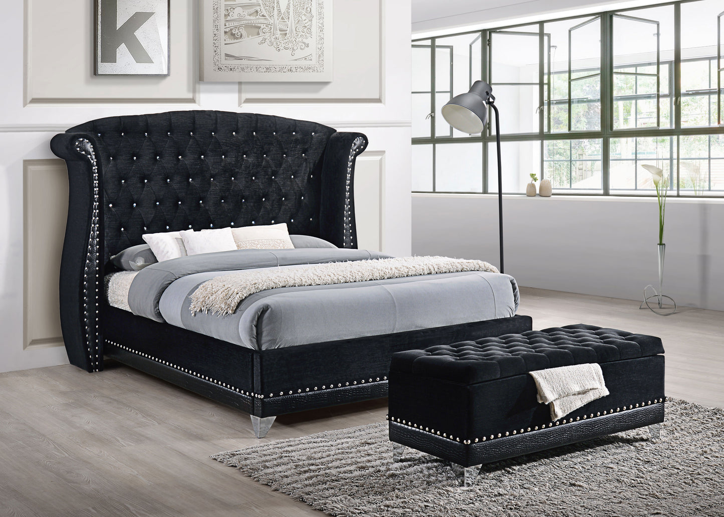 Barzini Upholstered Eastern King Wingback Bed Black