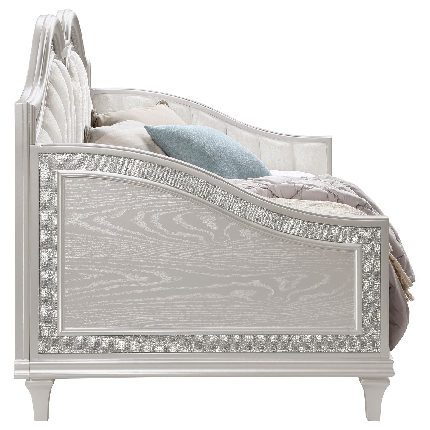 Evangeline Upholstered Twin Daybed with Faux Diamond Trim Silver and Ivory