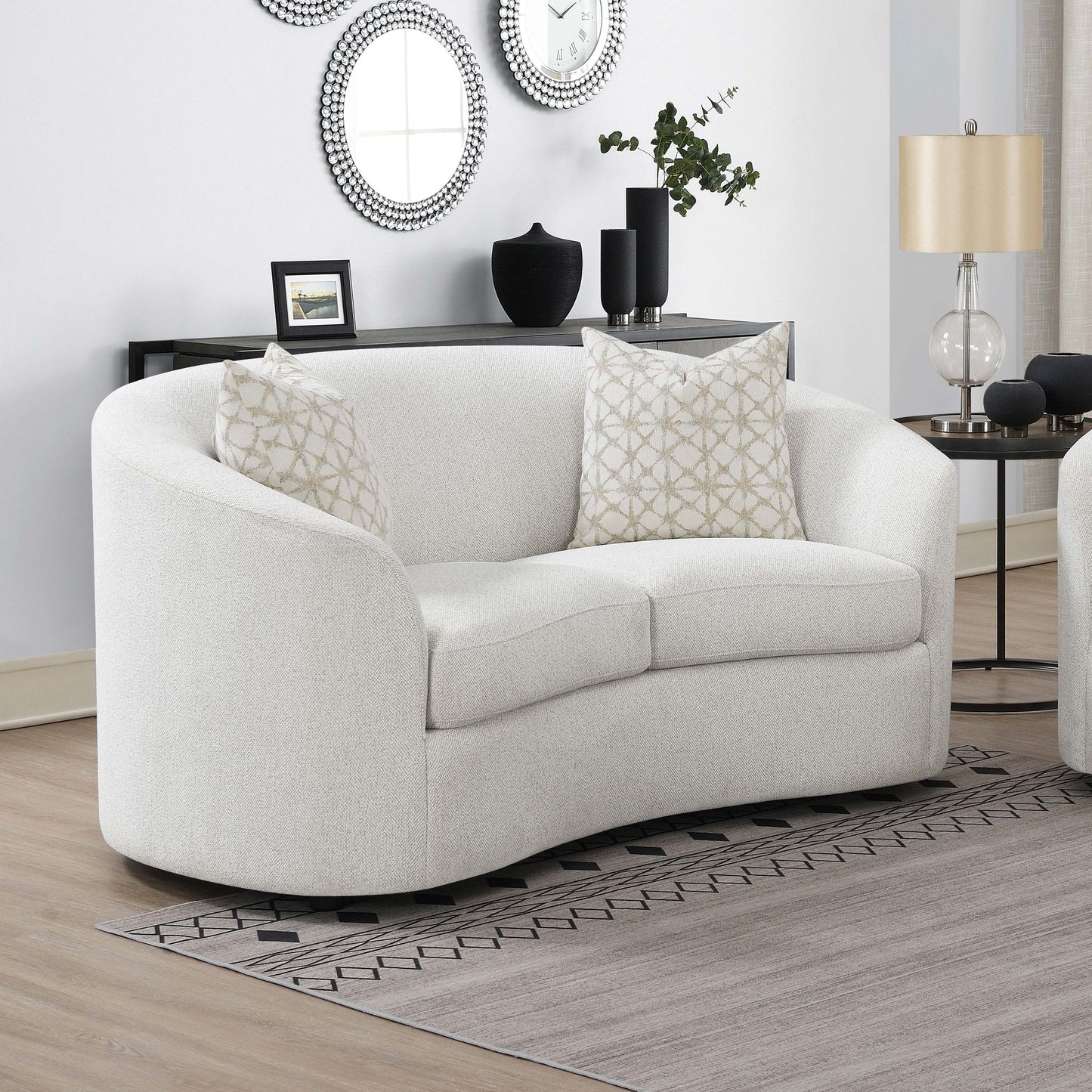 Rainn Upholstered Tight Back Loveseat Latte