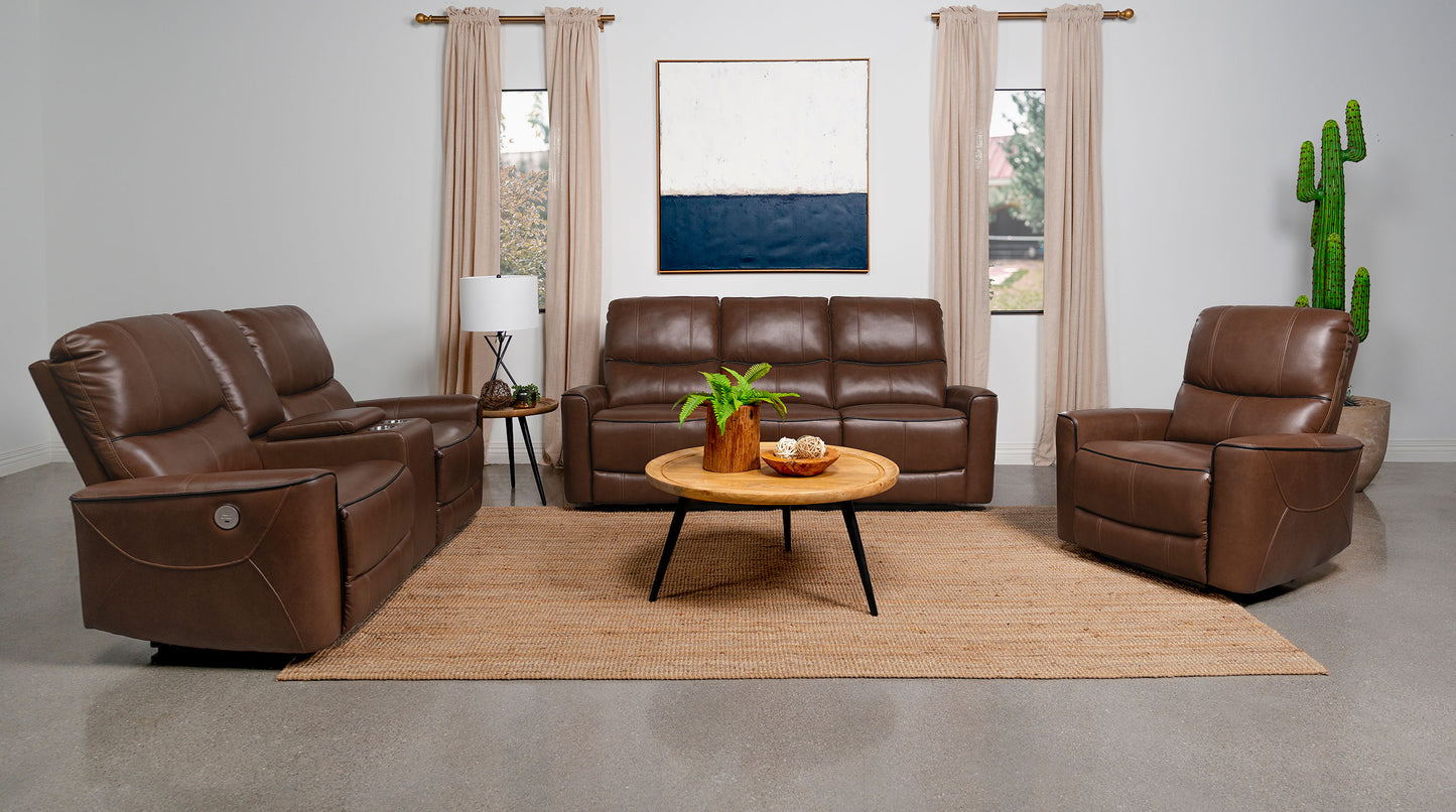 Greenfield Upholstered Power Reclining Loveseat with Console Saddle Brown