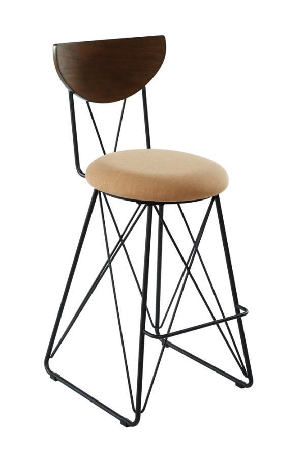 180349 Bar Stool with Metal Footrest, Round Upholstered Seat Cushion and Wooden SemiCircle Backrest in Gold and Black Color