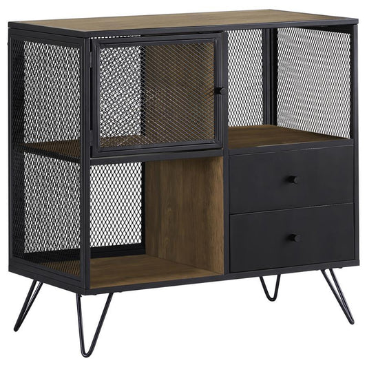 Accent Cabinet with Two Open Shelf, Two Drawers and One Door in Sandly Black and Brown