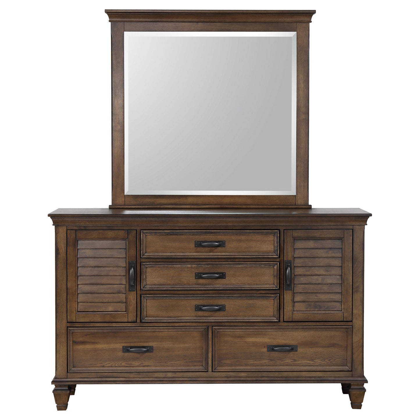 Franco 5-drawer Dresser with Mirror with 2 Louvered Doors Burnished Oak