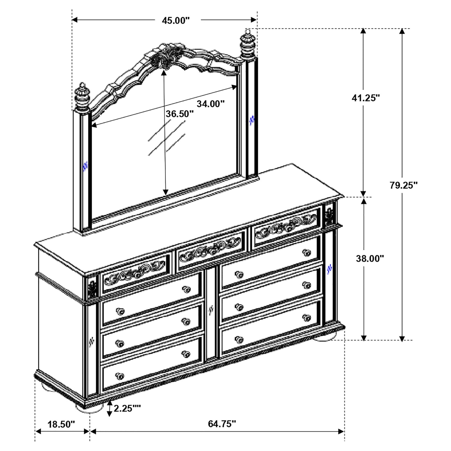 Heidi 9-drawer Dresser with Mirror Metallic Platinum