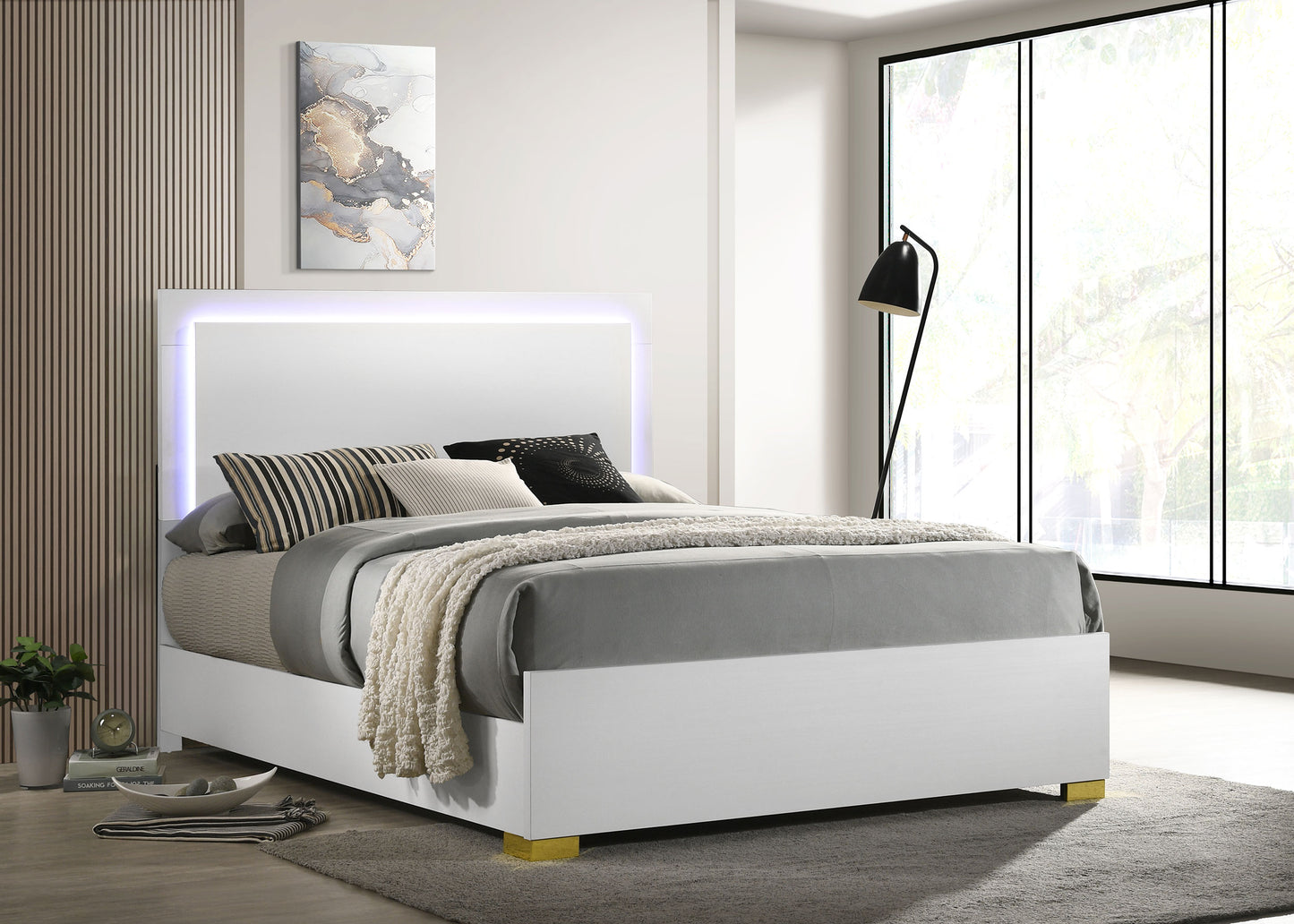 Marceline Wood Eastern King LED Panel Bed White