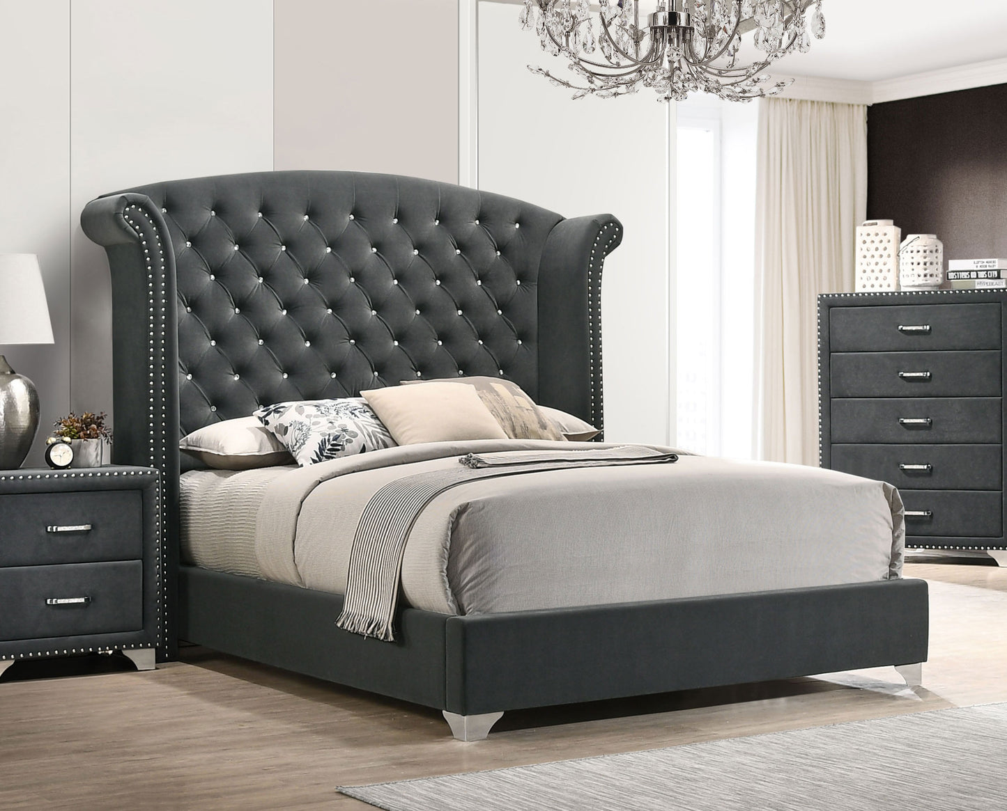 Melody Upholstered California King Wingback Bed Grey