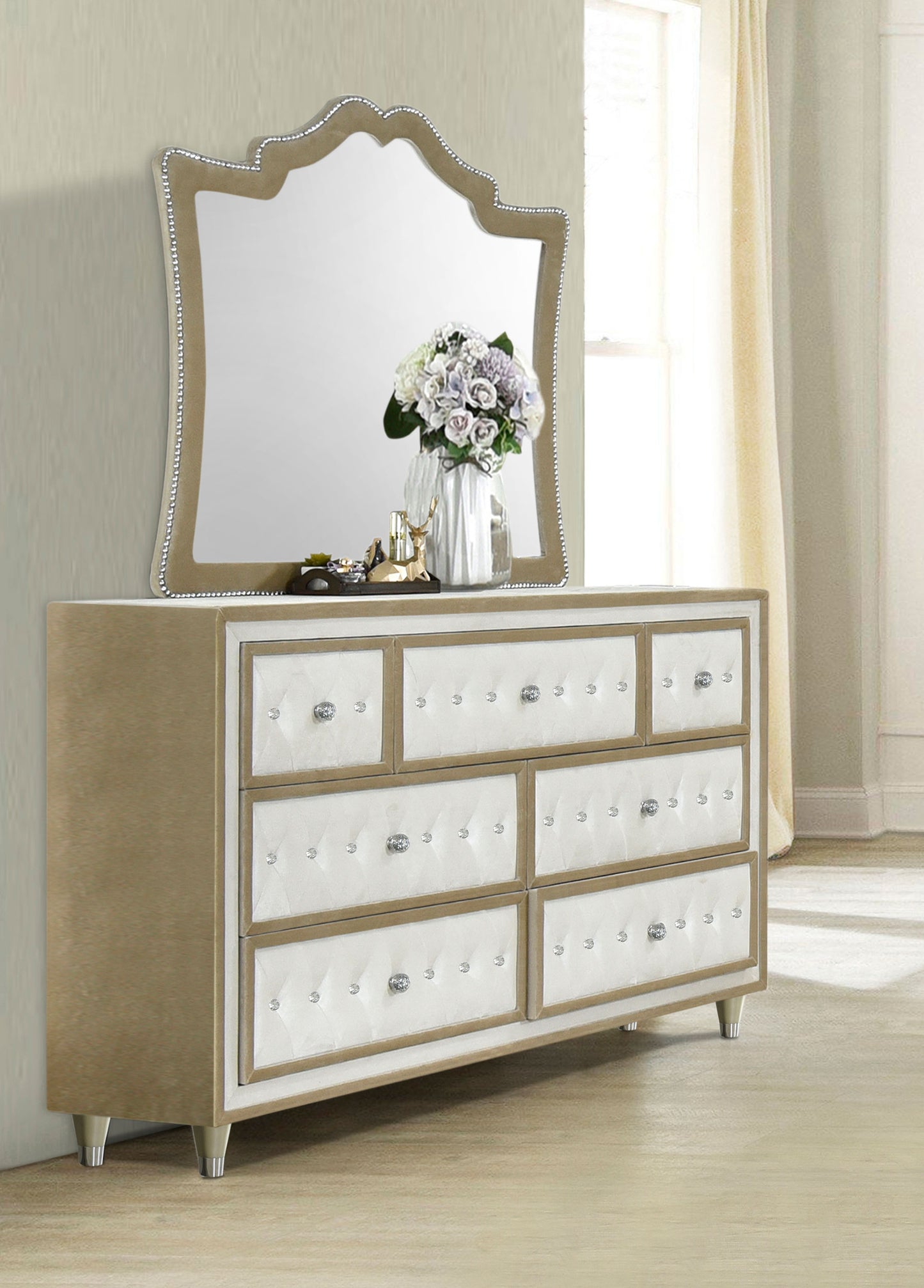 Antonella 7-drawer Upholstered Dresser with Mirror Ivory and Camel