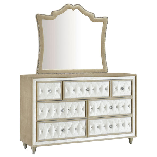 Antonella 7-drawer Upholstered Dresser with Mirror Ivory and Camel