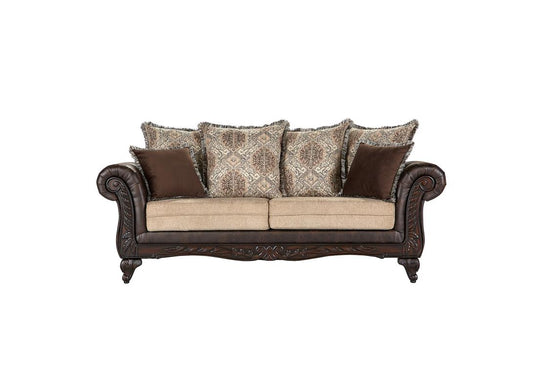Elmbrook 2-piece Upholstered Rolled Arm Sofa Set with Intricate Wood Carvings Brown