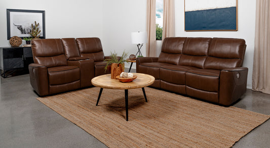 Greenfield 2-piece Upholstered Power Reclining Sofa Set Saddle Brown