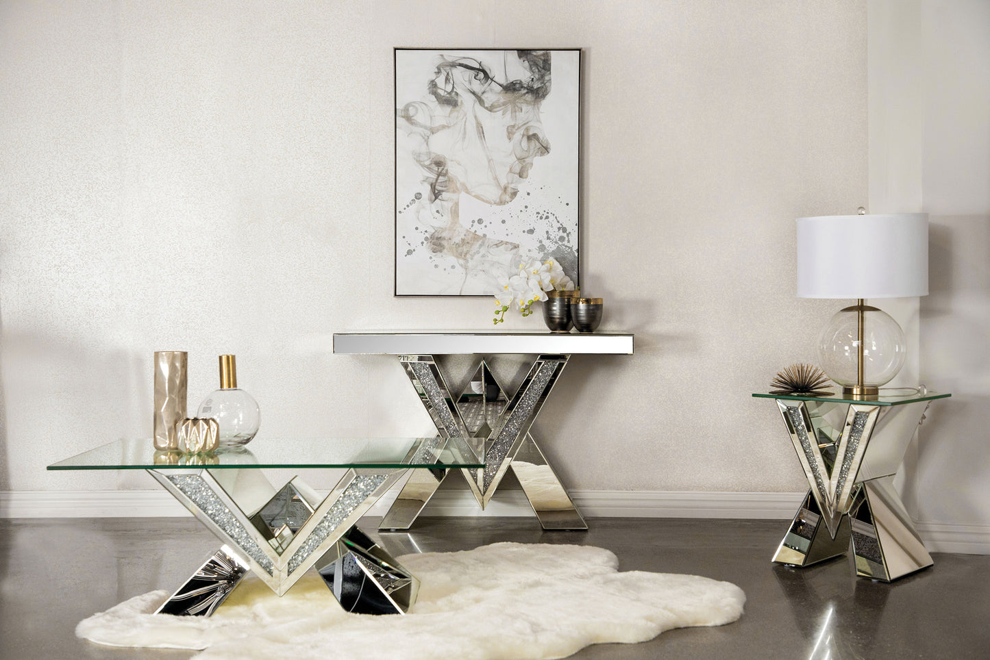 Taffeta V-shaped Sofa Table with Glass Top Silver