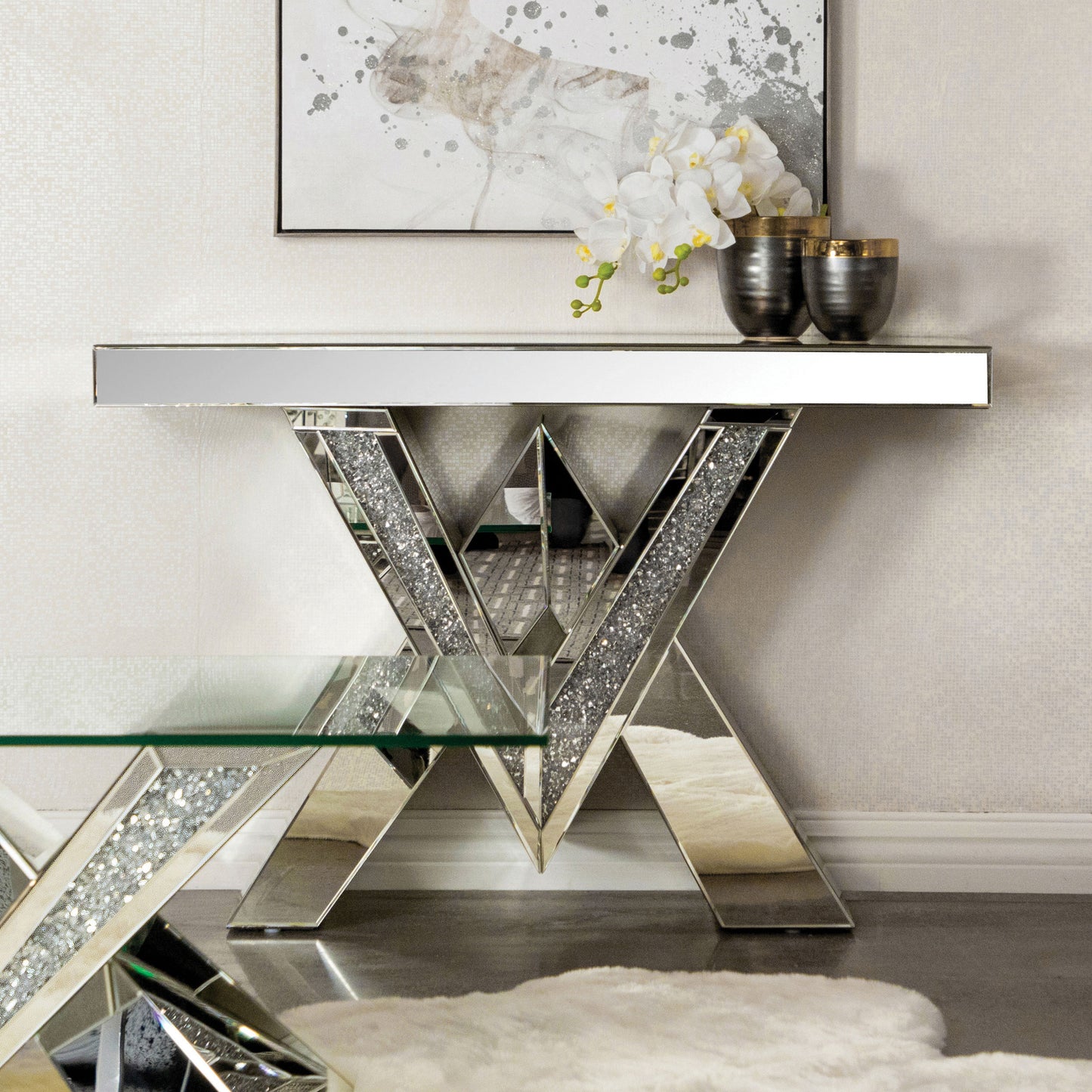 Taffeta V-shaped Sofa Table with Glass Top Silver