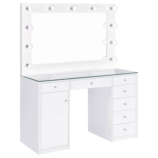 Acena 7-drawer Glass Top Vanity Desk with Lighting White